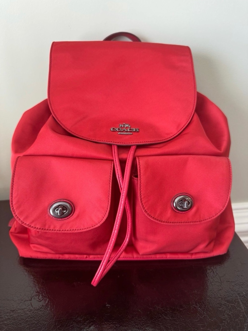 Coach Bright Red Nylon Drawstring Backpack with Front Pockets